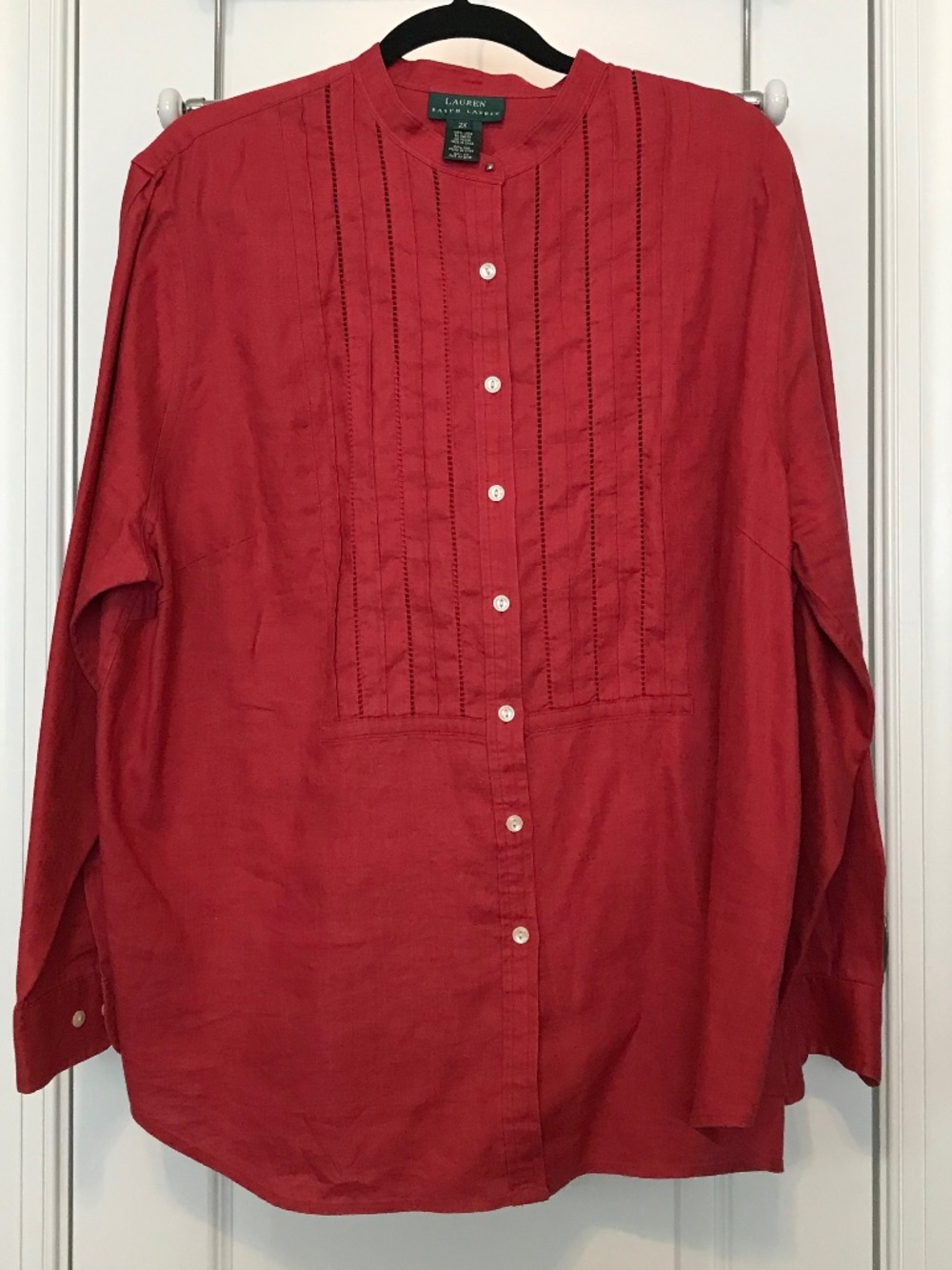 LRL maroon 💯% linen long sleeved round neck button down shirt with pleats (2X)